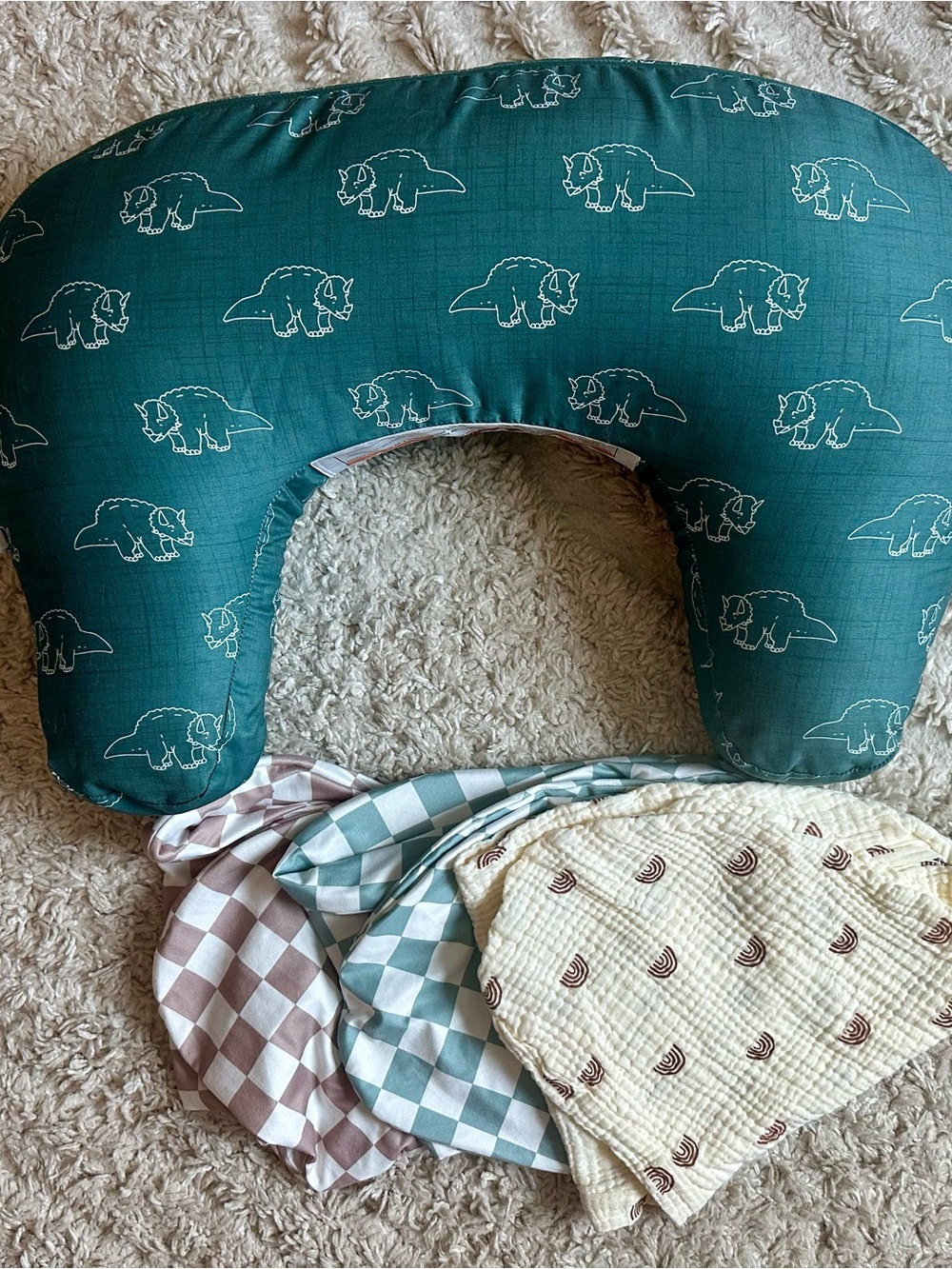 Boppy Teal Dinosaur Nursing Pillow and  Cover with Three Additional Covers